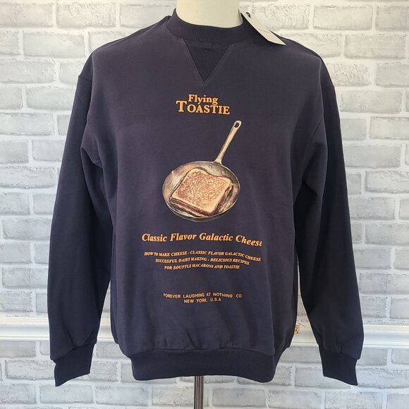 FLAN Flying Toastie Grilled Cheese Graphic Sweatshirt Mens Small Navy Blue NEW - Picture 10 of 10